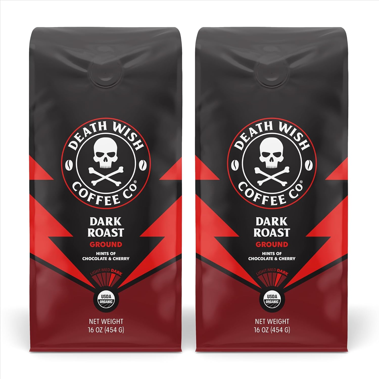 Death Wish Coffee Dark Roast Grounds -16 Oz, 2 Packs of Bold & Intense Blend of Arabica & Robusta Beans - USDA Organic Ground Coffee - Pack of 2