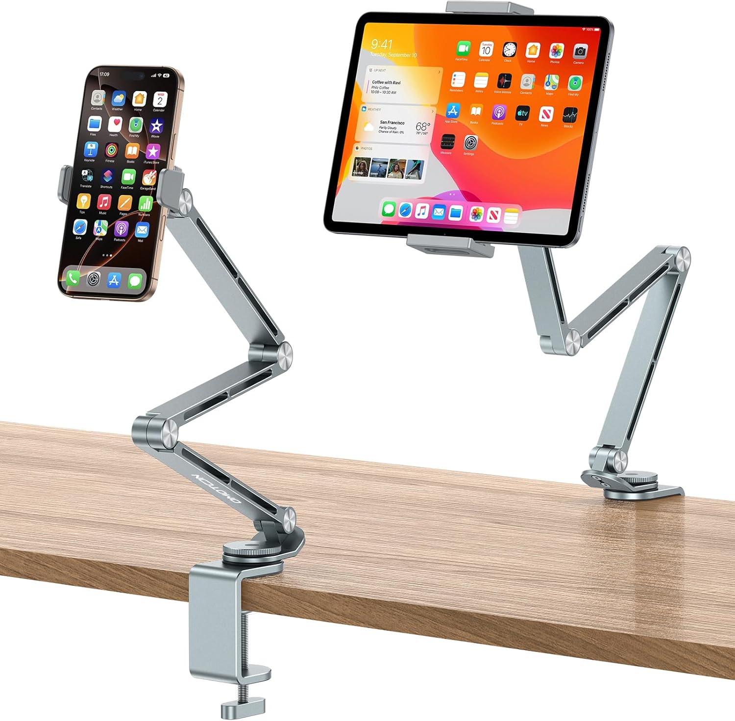 OMOTON GH03 Adjustable Tablet Stand for iPad, Desk Phone Holder for Bed with 2 Clamps, Flexible Aluminum Alloy Mount with 360° Rotation for 4-13" Devices