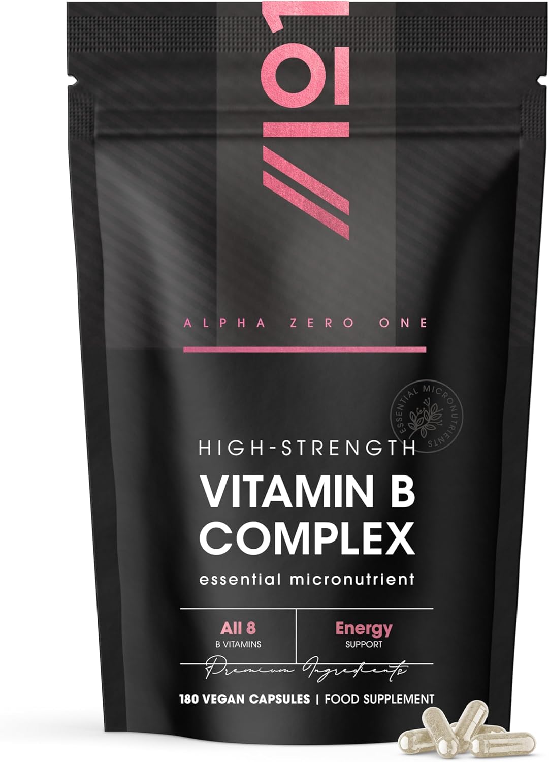 Vitamin B Complex - All Eight B Vitamins for Energy Support – 180 Vegan Capsules - B1,B2,B3,B5,B6,B12 & D3 - Resealable and Recyclable Pouch by Alpha01