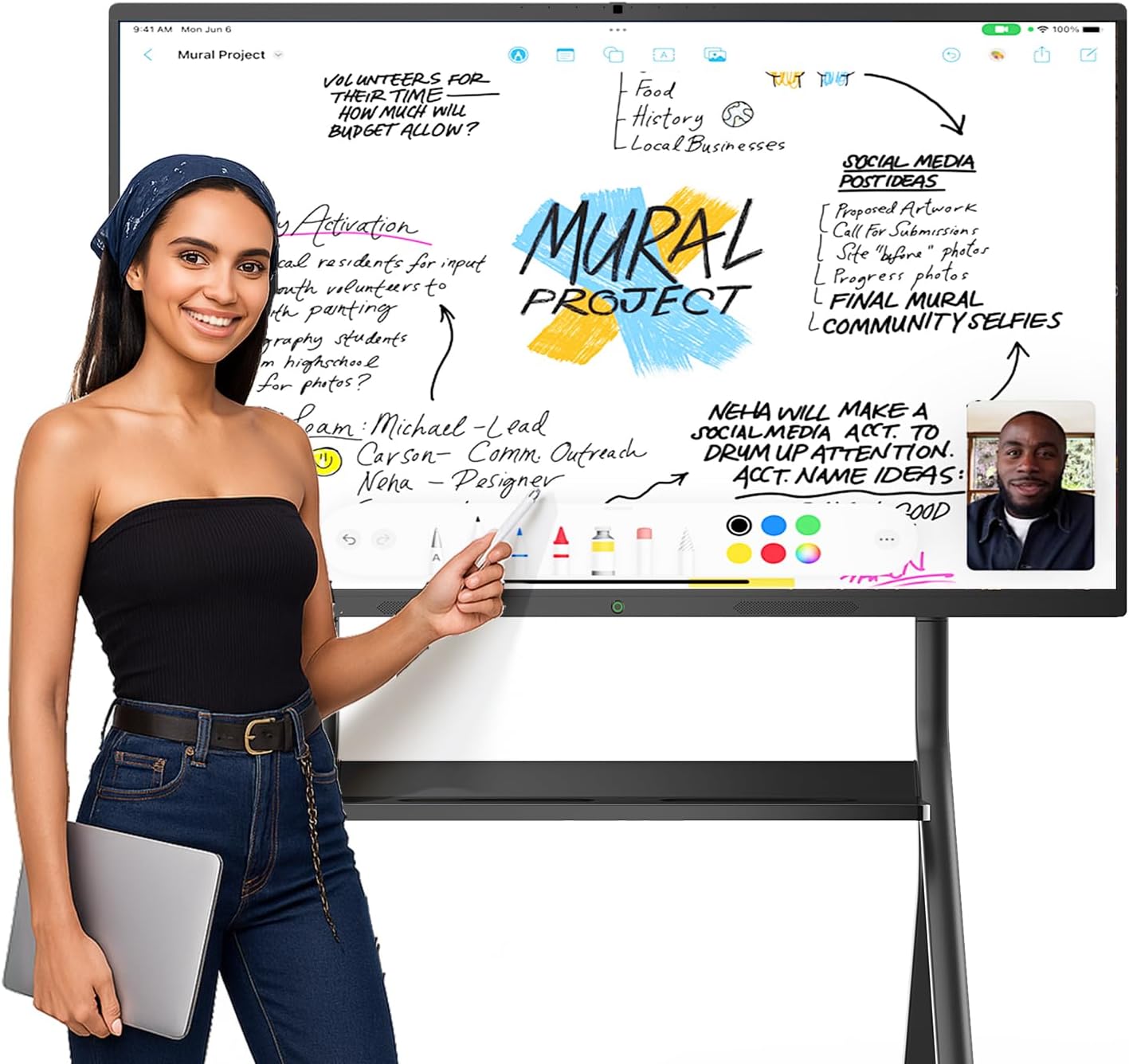 64" Smart Whiteboard for Classroom Office, All-in-One 4K Digital Board, 20 Point Touchscreen, Screen Mirroring, Bluetooth/WiFi/HDMI, Camera & Mic, Android 13, 8+128G (Wall Mount Included)