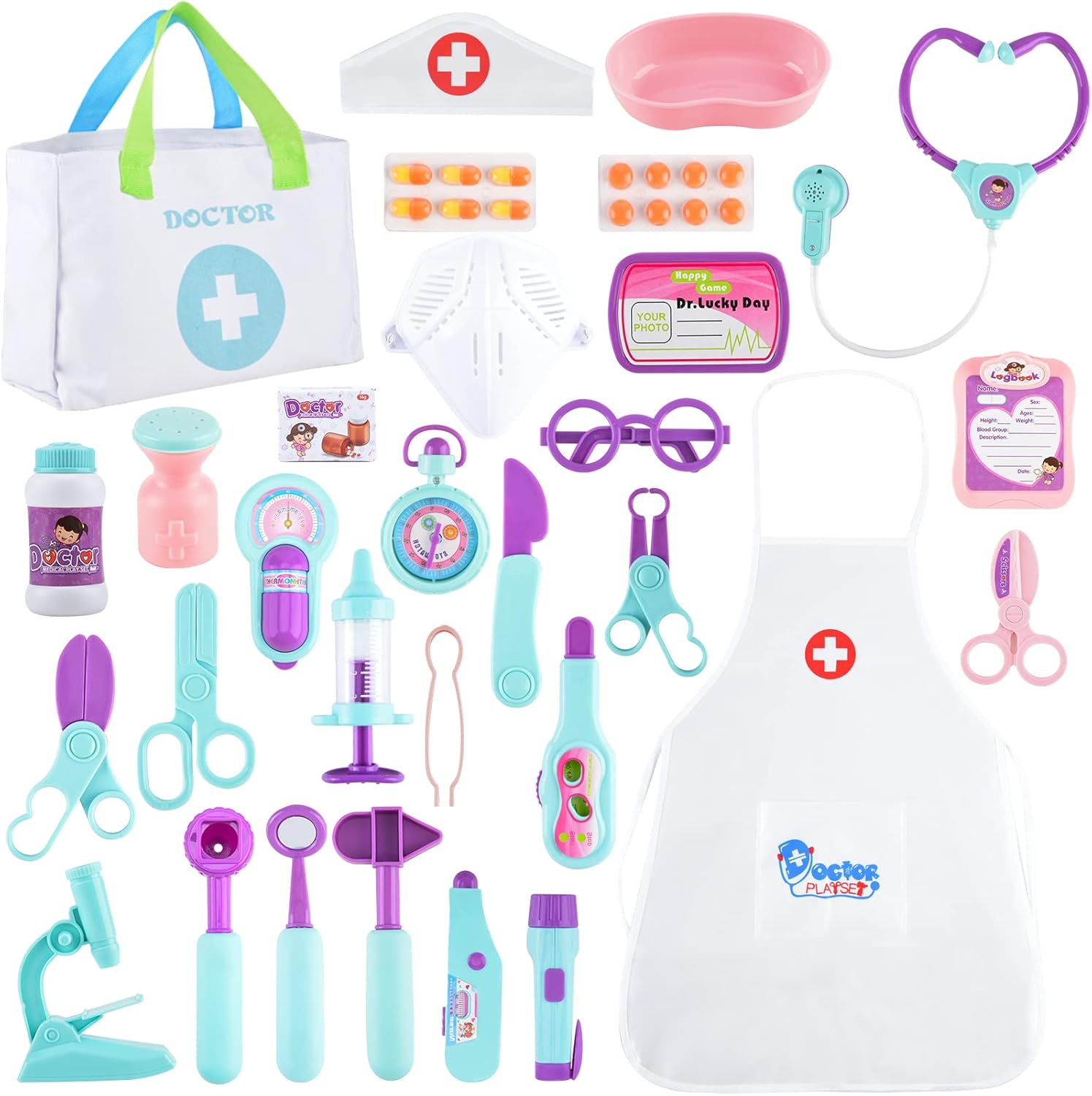 FRIUSATE Doctors Set for Kids, Doctors Kit Toy Playset with Doctor Bag,Stethoscope,Organ Apron Doctor Roleplay,Pretend Role Play Carry Case Toys Gifts for 3 4 5 6 Years Old Toddlers