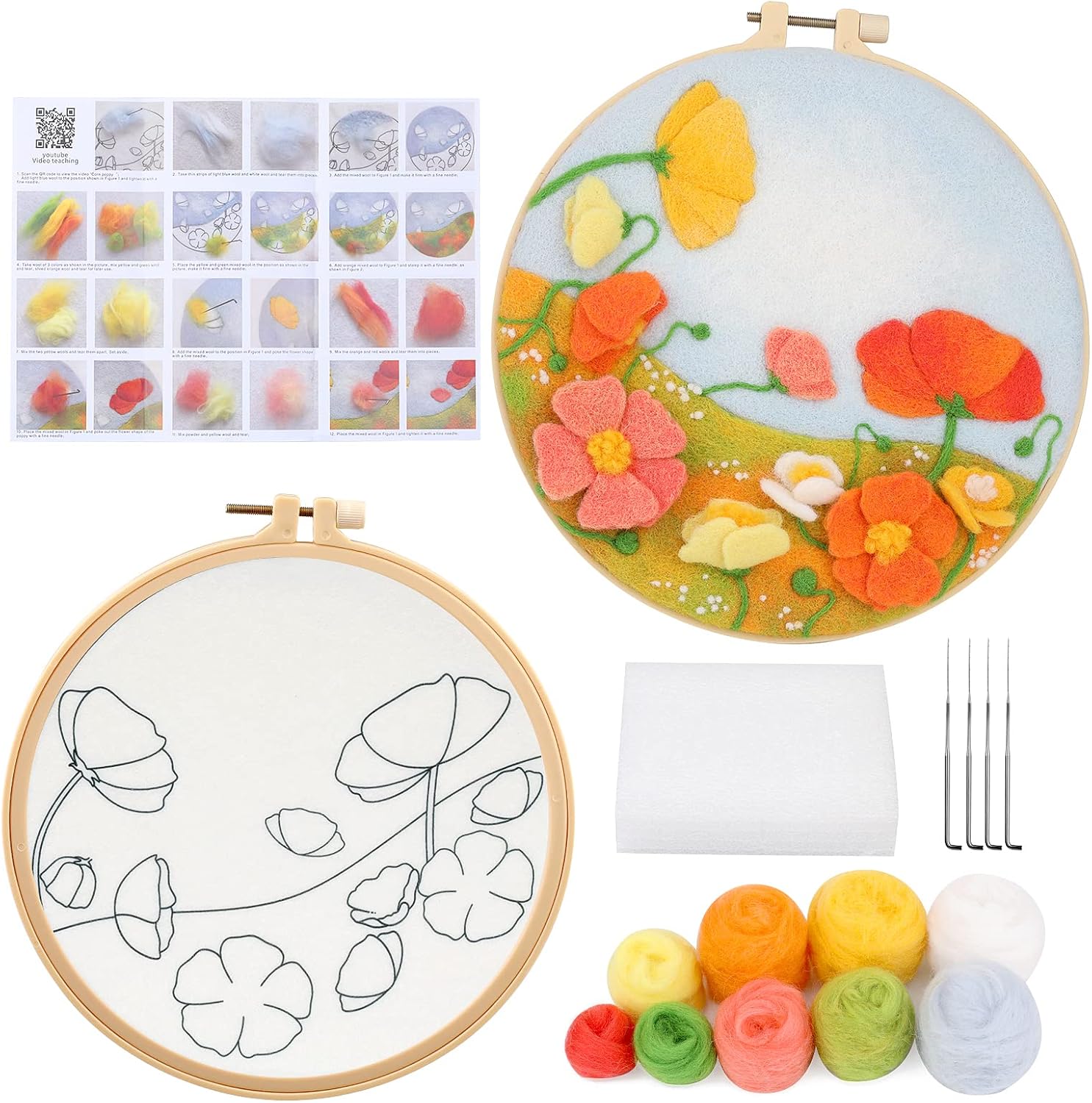 Mayboos Needle Felt Starter Set, Includes Wool Bag, Felting Needles, Foam Pad, Felt Cloth & Instructions, Pastoral Style Kit for Home Decoration