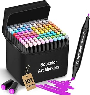 Soucolor Alcohol Markers Set, 101 Dual Tip Permanent Artist Coloring Markers for Adult Coloring Books, Sketching and Illustrations, Card Making Art Supplies Drawing Set with Case for Easy Storage