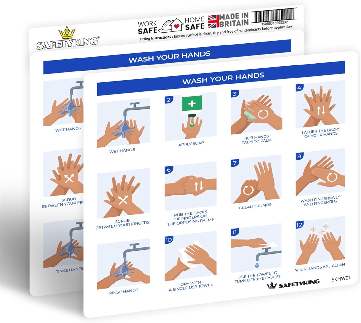 SAFETYKING® 2 PCS Wash Hands Sticker - Hand Washing Technique Sign | Wash Hands with soap and Water | Toilet and Washroom Hygiene Safety Signs | Self-Adhesive Vinyl Wash Hands