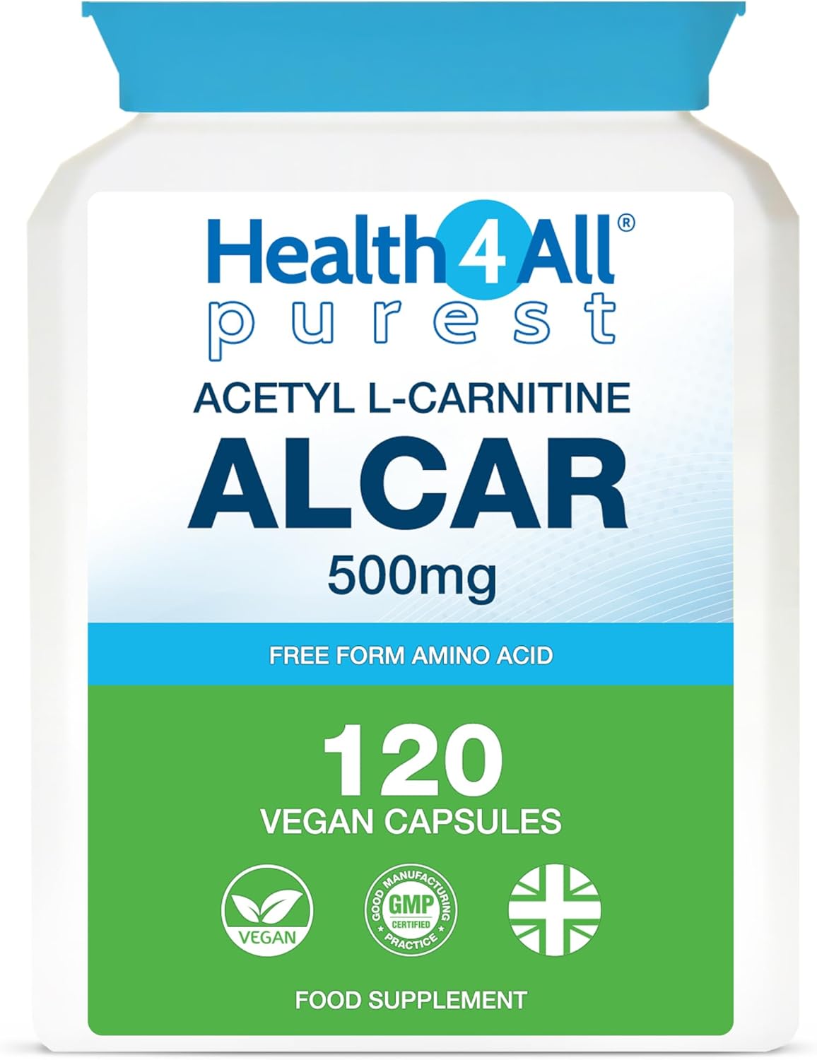 Health4All Acetyl L-Carnitine 500mg 120 Capsules, Purest High Strength ALCAR Amino Acid with no D-Carnitine, Vegan, Gluten-Free, GMO-Free Acetyl-L-Carnitine Supplement | Made in UK