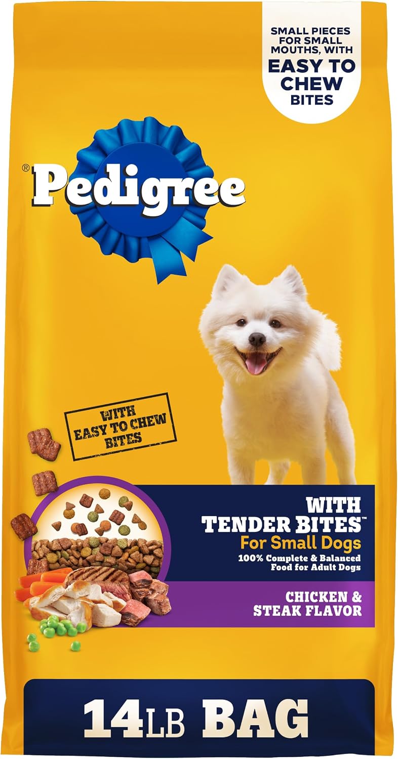 Pedigree Tender Bites Small Dogs Dry Dog Food, Chicken & Steak, 14 lb | 36 vitamins, minerals & amino acids, quality protein for lean muscle, natural fiber for digestion, highly digestible