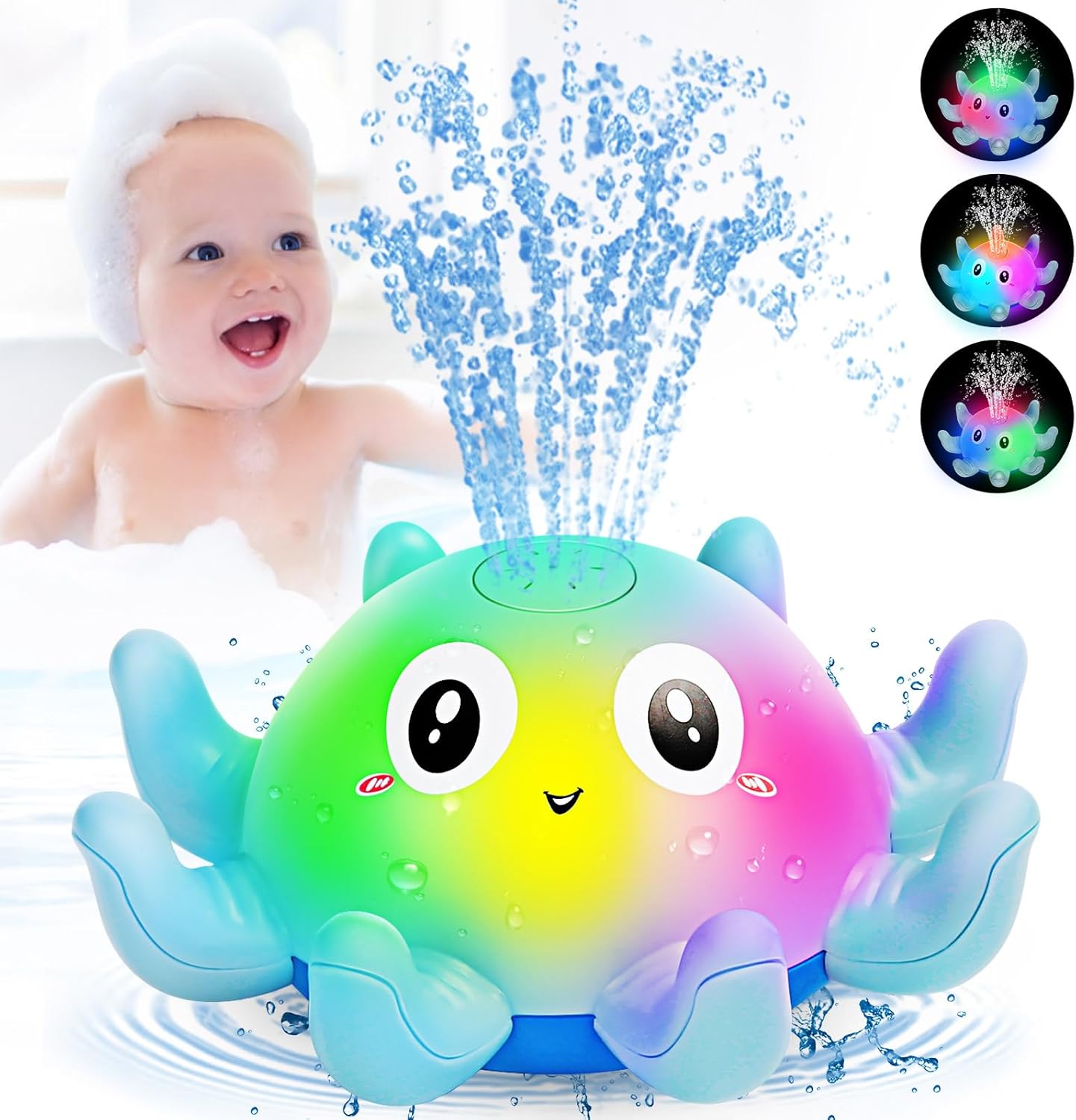 Jovicos Baby Bath Toys, Octopus Sensory Light Up Bath Toys, Automatic Induction Spray Water Toys, Bath Time Shower Gifts for Baby Girls Boys（Blue）
