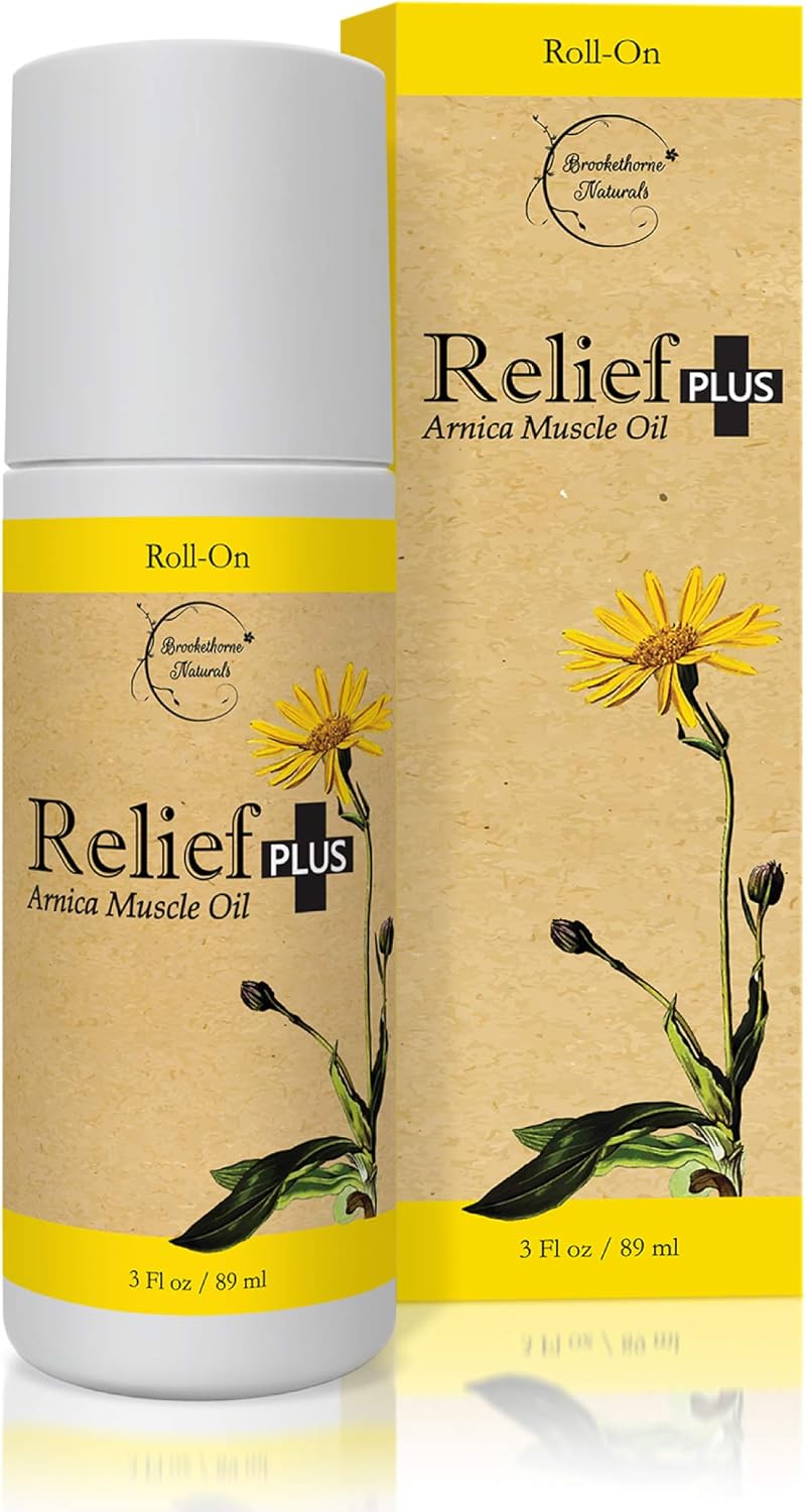 Relief Plus Arnica Muscle Oil – All Natural Highly Concentrated Roll On - Cypress, Eucalyptus & Helichrysum Essential Oils & Menthol for Sore Muscles, Aching Joints by Brookethorne Naturals