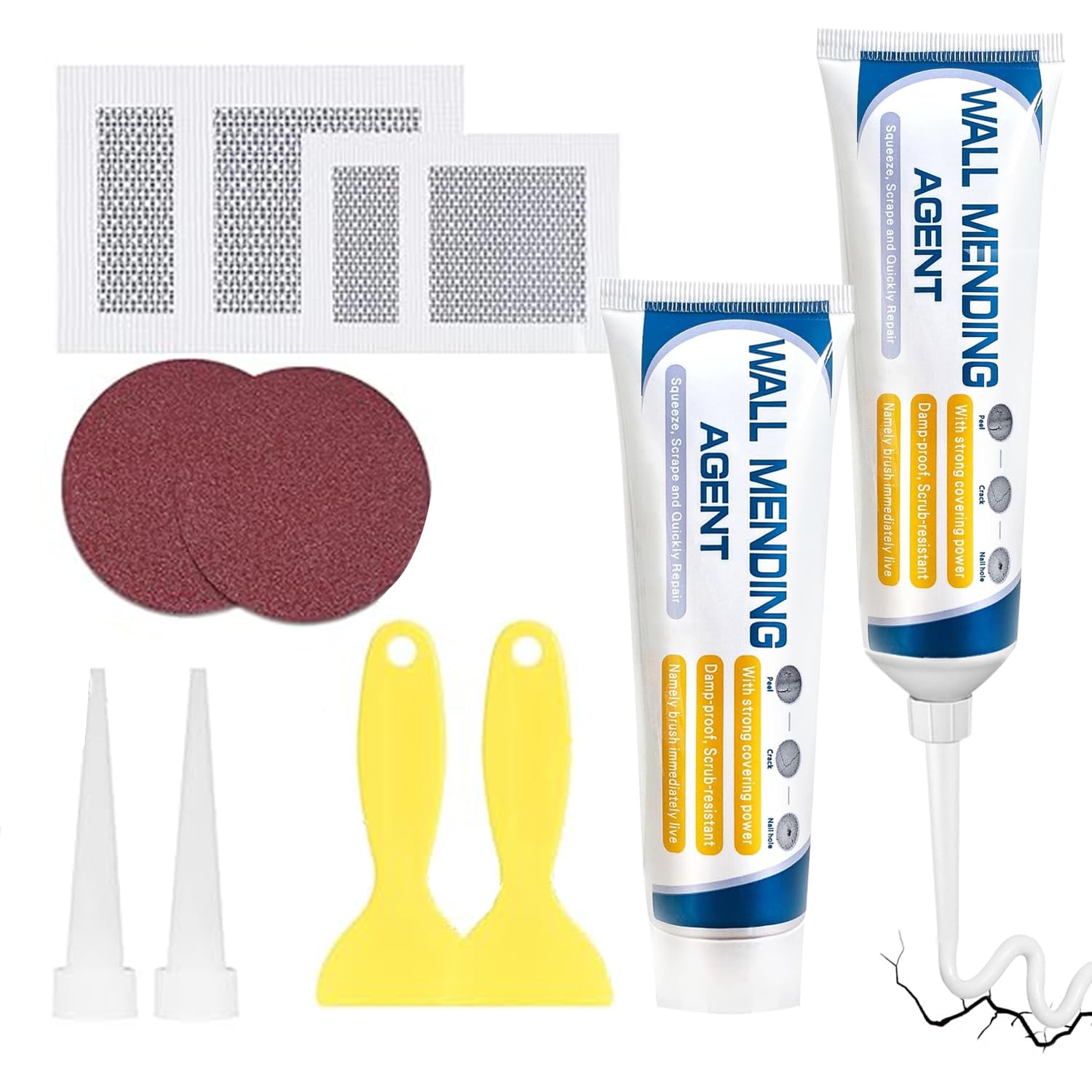 Wall Filler Repair Kit, 2 x 150g Wall Repair Cream (Larger Size), Sandpaper, Scraper, Nozzle Extender, 2" and 4'' Drywall Patch, Fix Nail Holes, Cracks, Peeling Paint, Graffiti & Stains