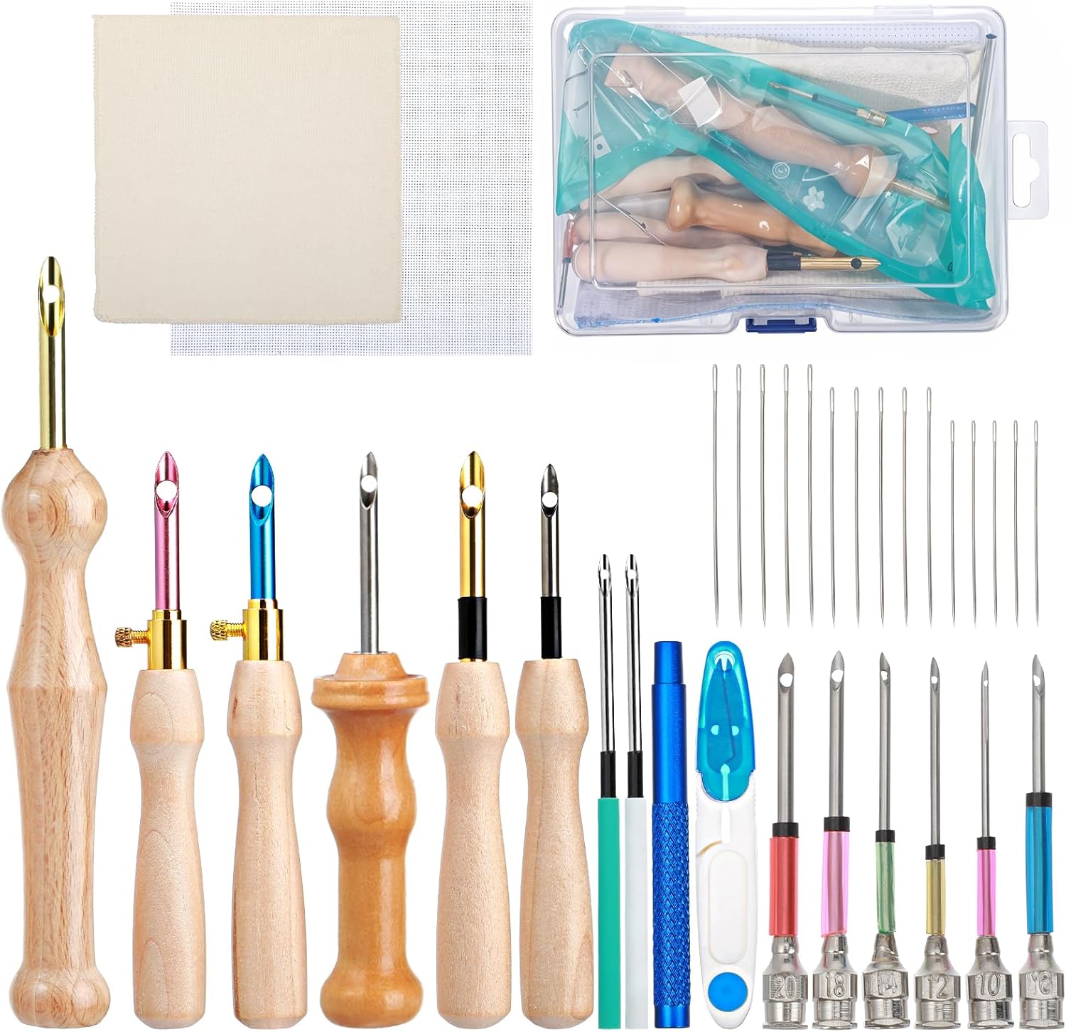 35Pcs Punch Needle Tool Embroidery Kit for Beginners - Adjustable Wooden Handle, Monks Cloth, Big Eye Needles for Adult Embroidery & Cross Stitching DIY Craft Decoration