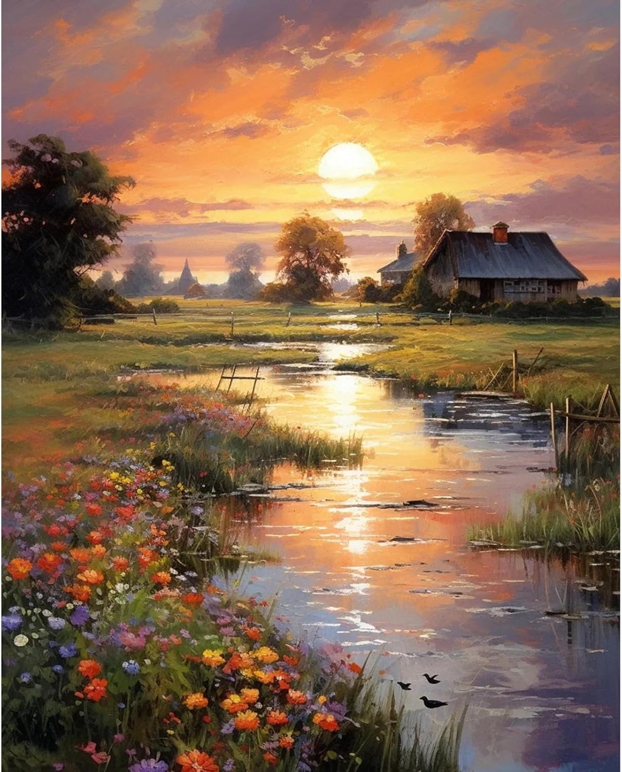 Paint by Numbers Kit for Adults Beginner, Countryside Sunset Adult Paint by Number Kits on Canvas Without Frame, Riverside Cabin Oil Paint by Numbers for Home Decor Gift 16” W x 20”L