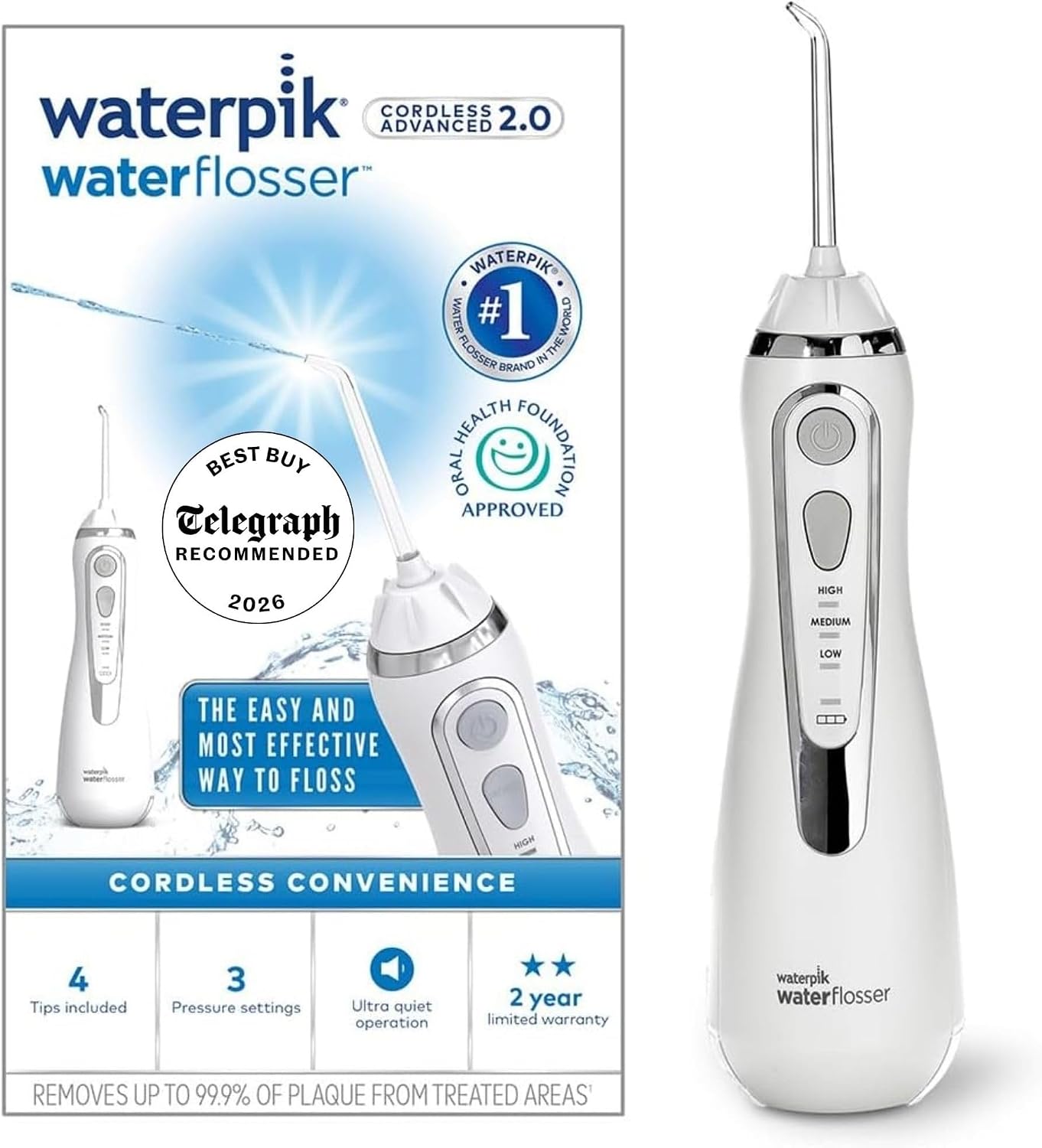 Waterpik Water Flosser Cordless Advanced, Plaque Remover for Teeth, White