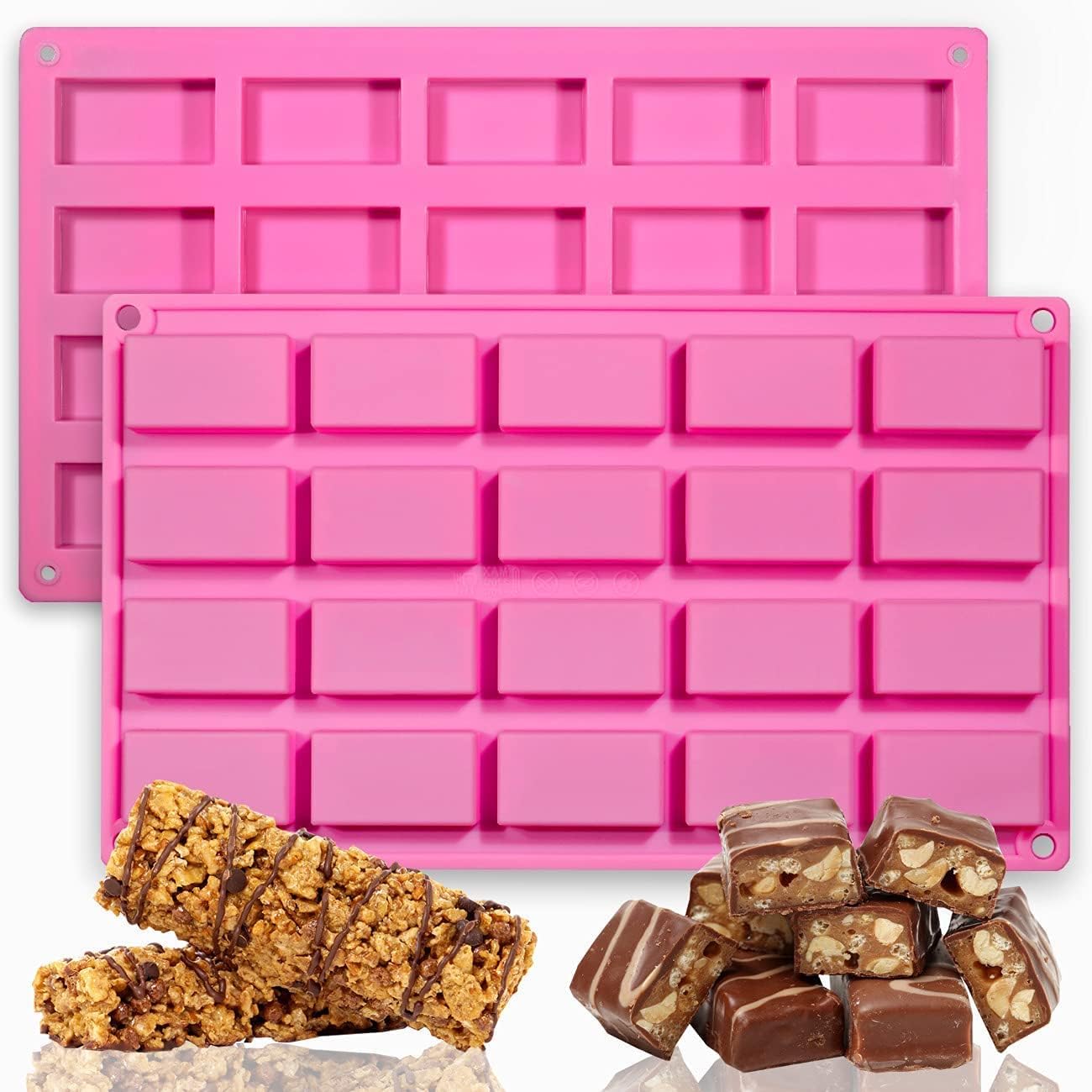 2PCS 20 Cavity Medium Rectangle Granola Bar Silicone Moulds Nutrition/Cereal Bar Moulds Energy Bar Maker for Chocolate Truffles Bread Brownie Cornbread Cheesecake Pudding Butter Molds
