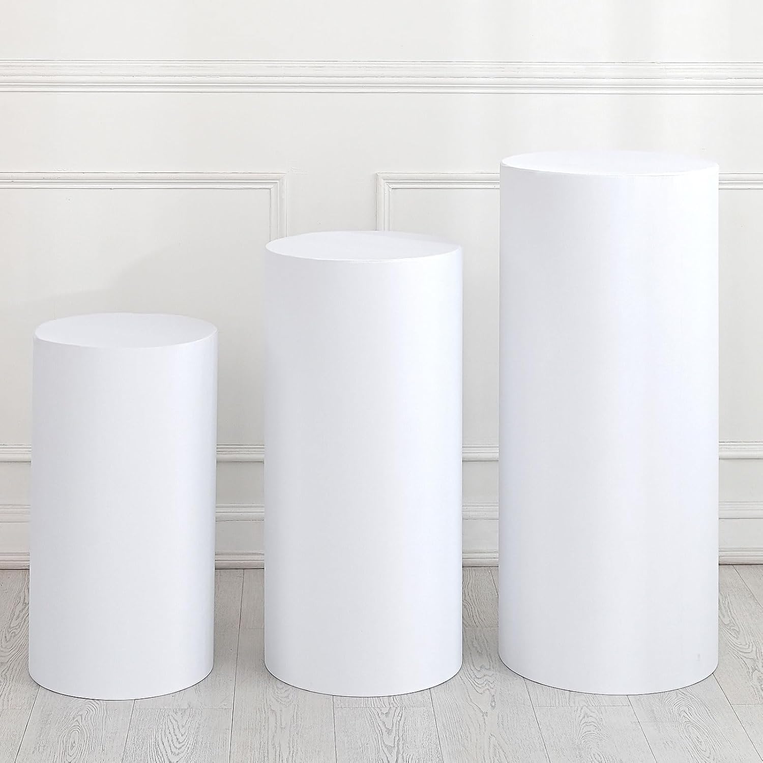sourcing map Set of 3 White Cylinder Spandex Stand Covers, Plinth Stand Cover for Party Wedding Birthday Decoration, Only Contains Cylinder Covers (Elastic Fabric - Large)