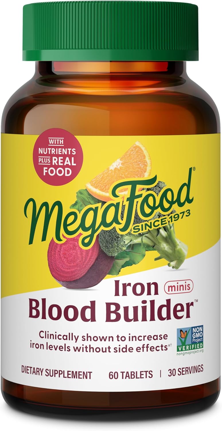 MegaFood Blood Builder Minis, Iron Supplement Clinically Shown to Increase Iron Levels Without Side Effects - Vegan Supplement with Vitamin C, Vitamin B12 & Folic Acid, 60 Tablets (30 Servings)