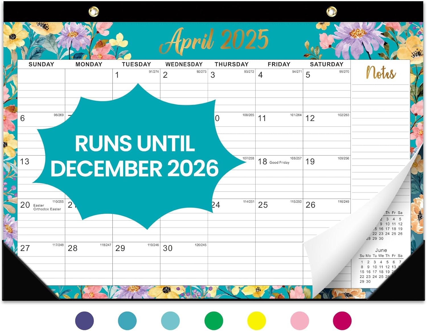 Desk Calendar 2025-2026, 21 Months Calendar Runs from April 2025 to December 2026 - Large 17" x 12" Desktop/Wall Monthly Calendar for Home School, or Office - Floral Pattern