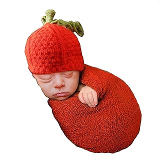 Holibeat Newborn Pumpkin Swaddle Blanket with Hat Halloween Baby Boys and Girls Stretchy Swaddling Wrap for 0-3 Months, Dark Orange