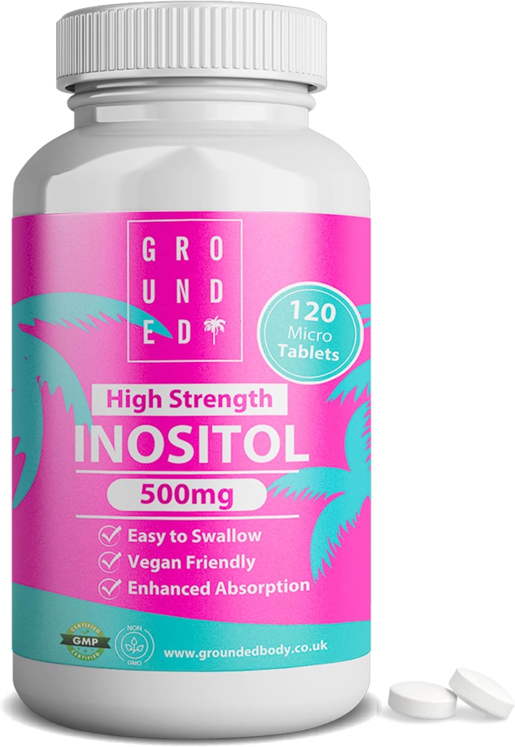 Grounded Inositol 500mg | 120 Micro Tablets | Pure Myo-Inositol for Hormonal Balance & Mental Performance | 2 Month Supply | Vegan-Friendly & Made in The UK