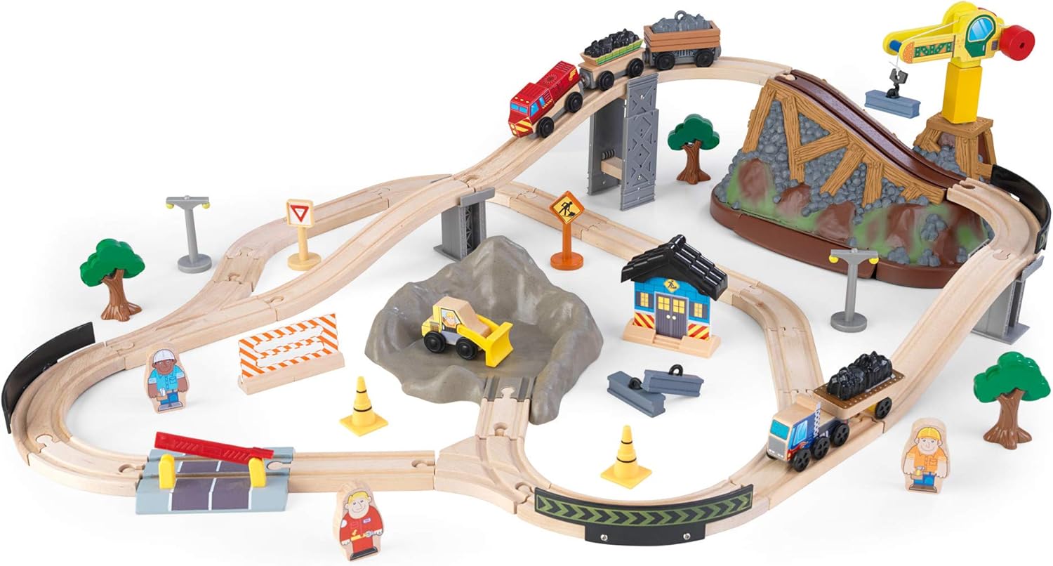 KidKraft Bucket Top Construction Wooden Train Set with Storage Box for Kids, Train Track Set with Wooden Toy Cars with Crane and Accessories Included, Construction Toys, 17805