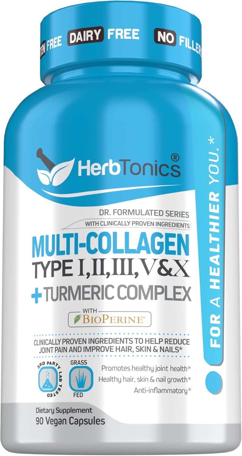 Herbtonics Multi Collagen + Turmeric Complex – Hydrolyzed Multi-Collagen (Types I, II, III, V, X) Capsules with 95% Curcuminoids & BioPerine – Supports Skin, Hair & Gut Health – 90 Veg Capsules.