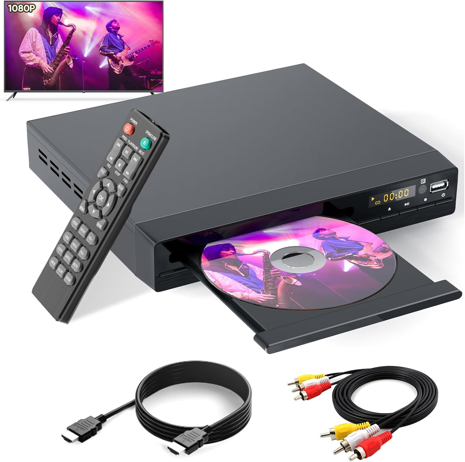 DVD Player for TV - All Region Free DVD Player with HDMI/RCA Output Cable Included - 1080P Upscaling, USB Input, Breakpoint Memory, CD Player for Home