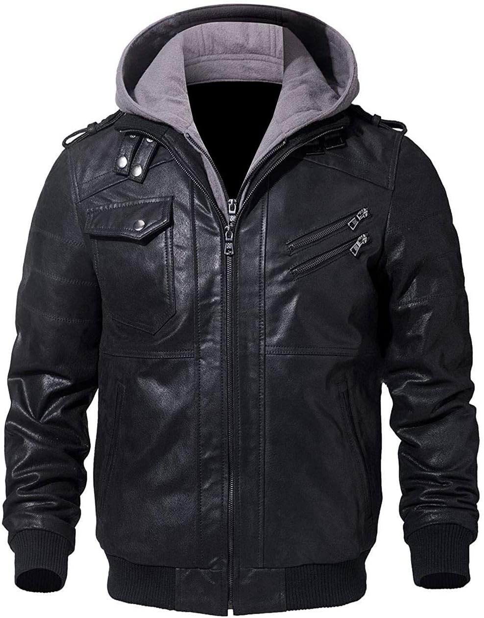 Fitman Mens Bomber Real Lambskin Leather Jacket Removable Hood