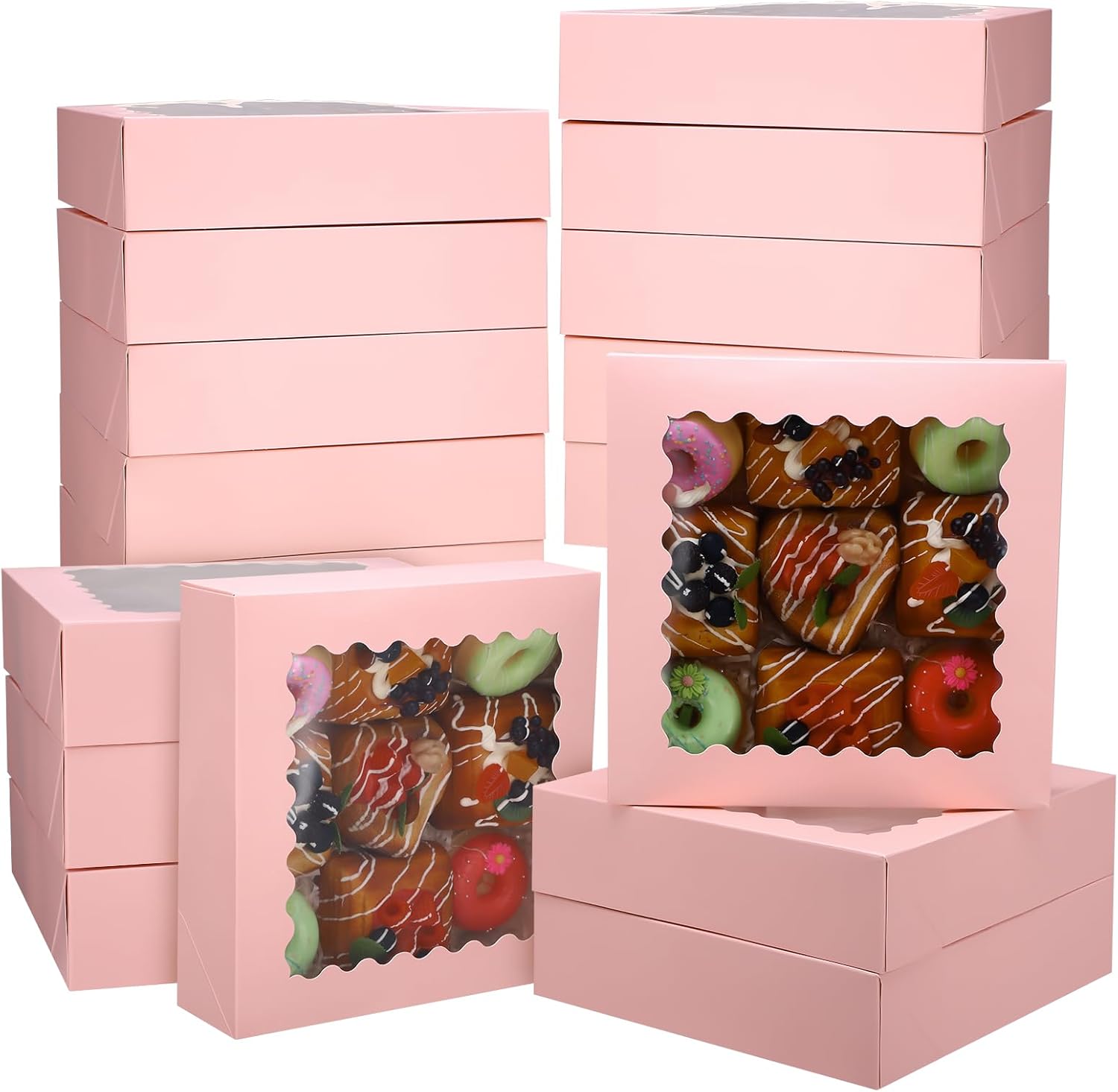 saerryor 15 Pack Pink Cookie Boxes with Window 25.5x25.5x6.5cm, Bakery Boxes Pre Folded Gift Packaging Box for Pastry Macaron Dessert Biscuit Chocolate