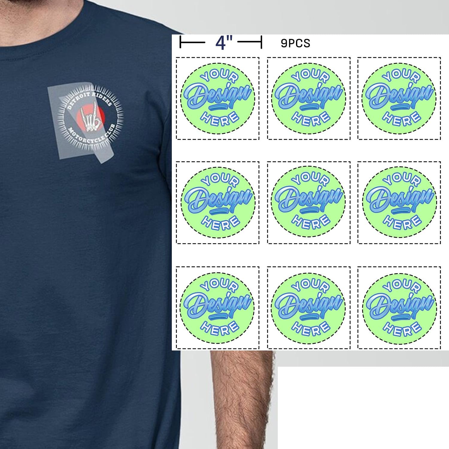 9 Pcs Custom Iron on Transfers 4 in. x 4 in Your Logo Personalized Customer for T-Shirts Chest Logo Iron on Decals Heat Transfer Sticker for Clothes DTF Transfer Ready