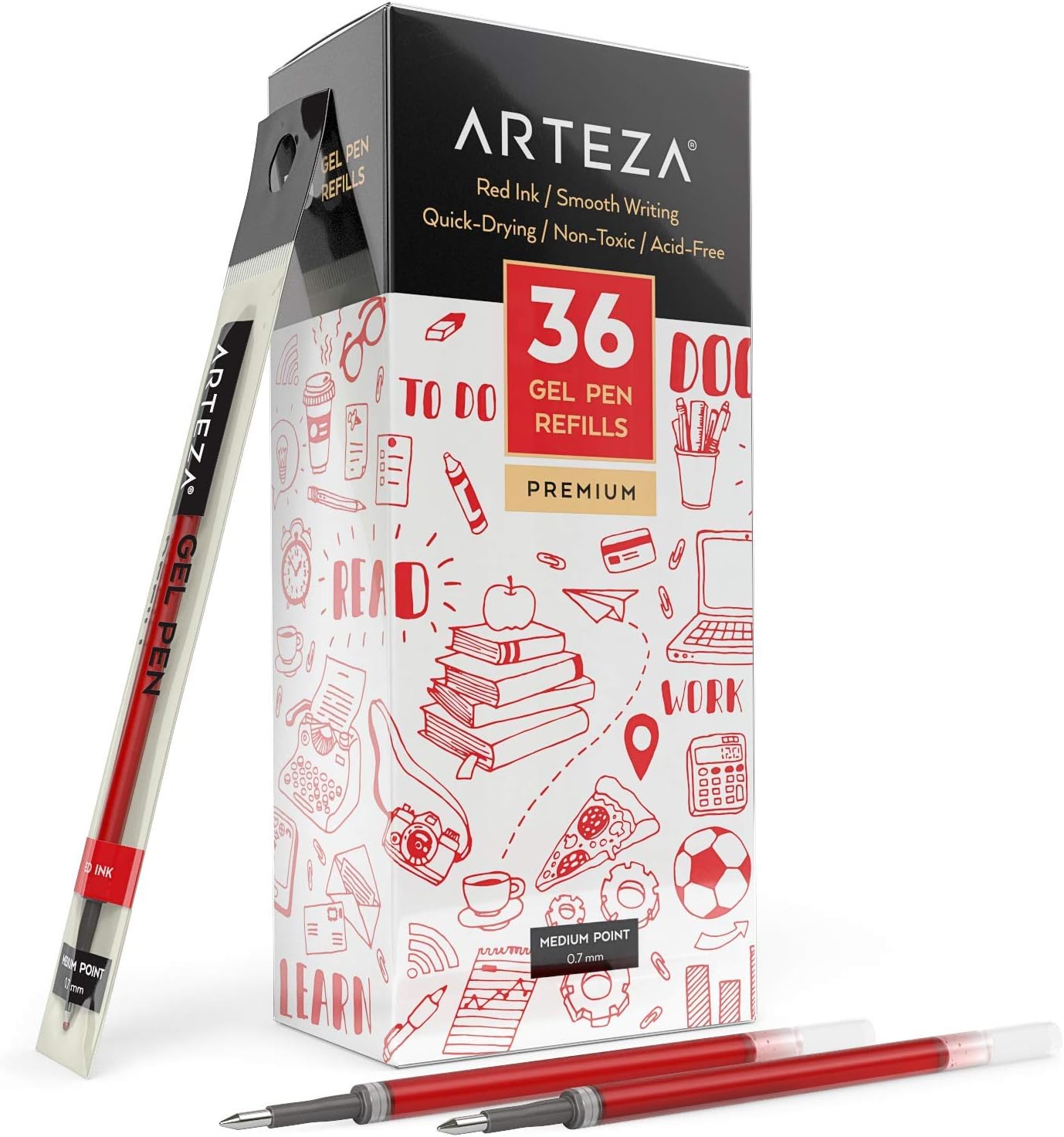ARTEZA Gel Pen Refills, Pack of 36 Red Roller Ball Gel Ink Pen Refills, Quick-Drying, Nontoxic, Fine Point, Office Supplies for Writing, Taking Notes & Sketching