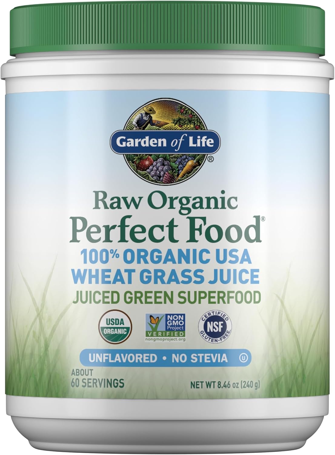 Garden of Life Raw 100% Organic Perfect Food USA Wheat Grass Juice - Green Superfood Powder, 60 Servings - Stevia & Gluten Free, Non-GMO, Vegan, Whole Food Dietary Supplement, 8.46 Oz