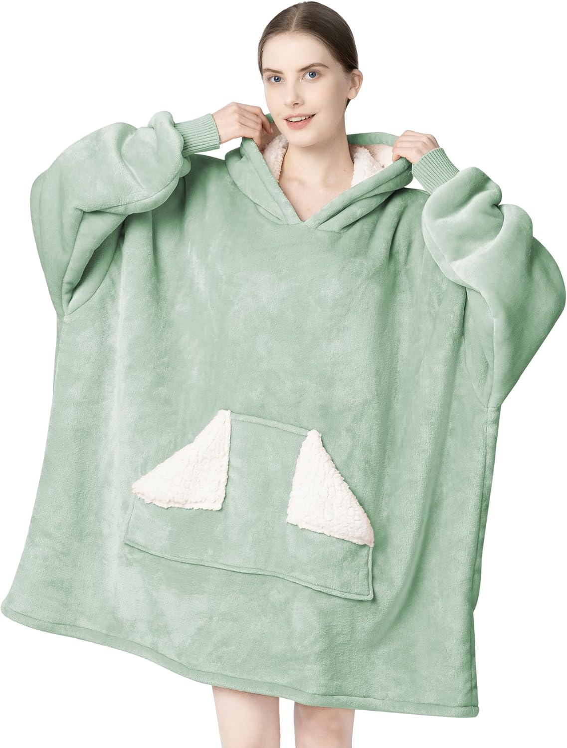 Touchat Wearable Blanket Hoodie, Oversized Sherpa Blanket Sweatshirt with Hood Pocket and Sleeves, Gifts Hooded Blanket for Adult Women Men (Green)