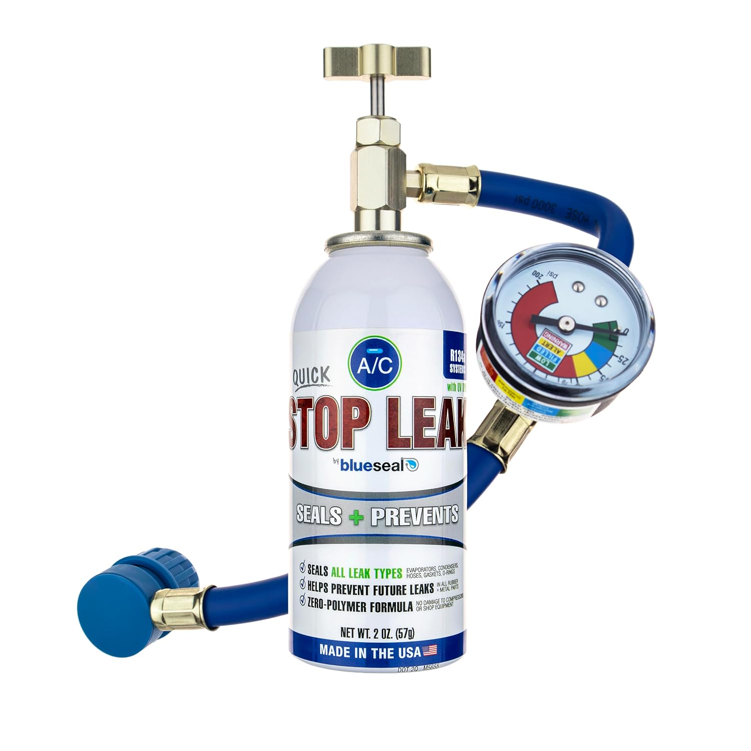 Blueseal - R134a A/C Stop Leak with UV Dye - 2 oz with Reusable Hose & Gauge