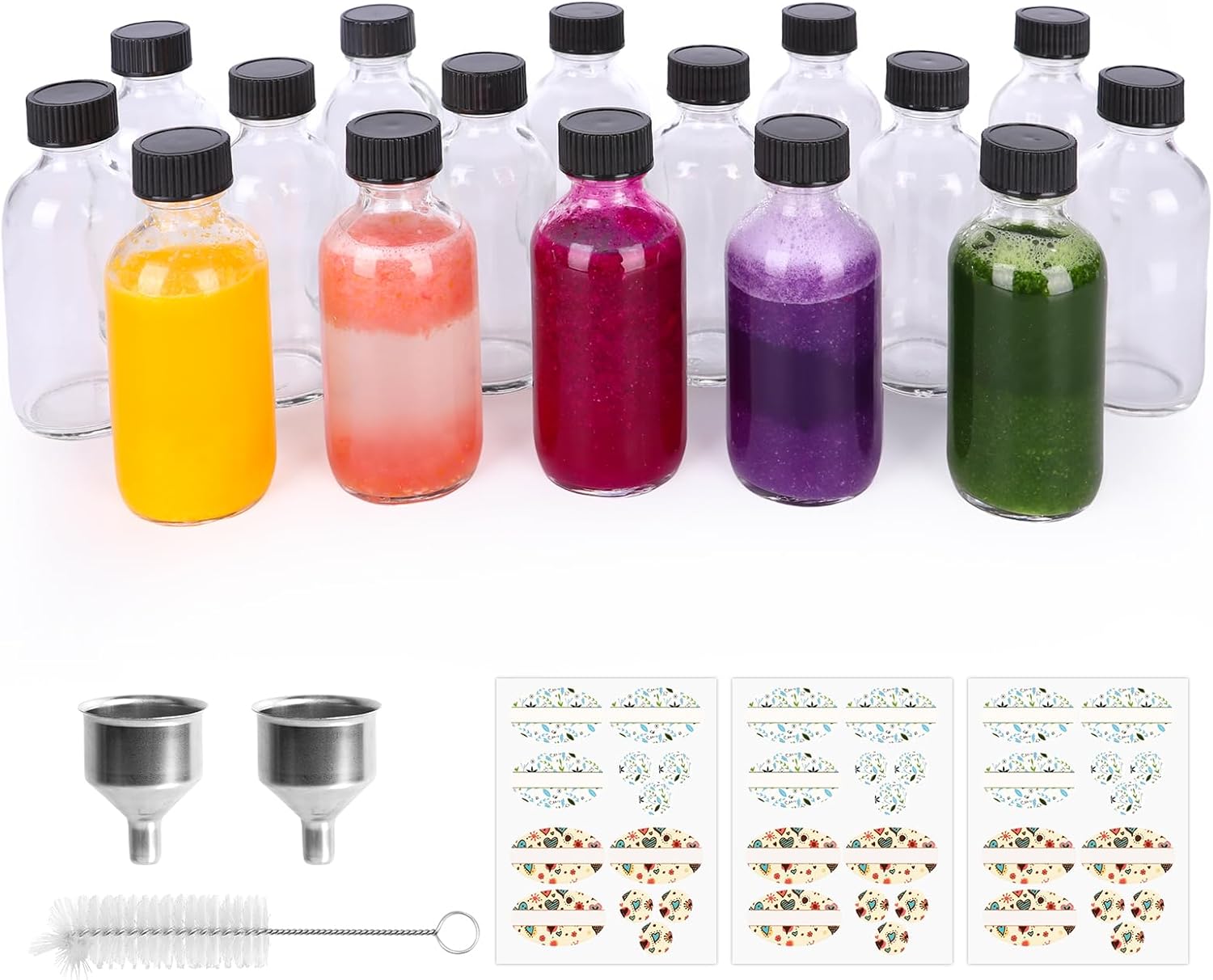 EkkoVla 16 Pack 2 fl.oz Glass Shot Bottles with Caps, Clear Portable Ginger Shot Bottle, 60 ml Mini Travel Essential Bottles for Juice, Sample, Whiskey