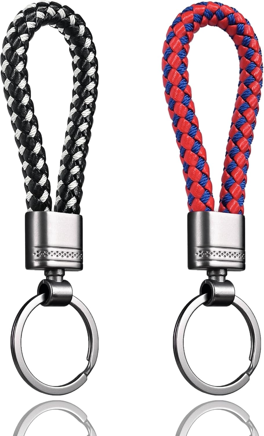 LynixTrade 2 Pcs Key Rings, Leather Keyrings for Women and Men, Car Keychain Rings, Leather Key Fobs Holder, Personalised Car Keys Ring Clips, Keyrings Black and White, Red and Blue