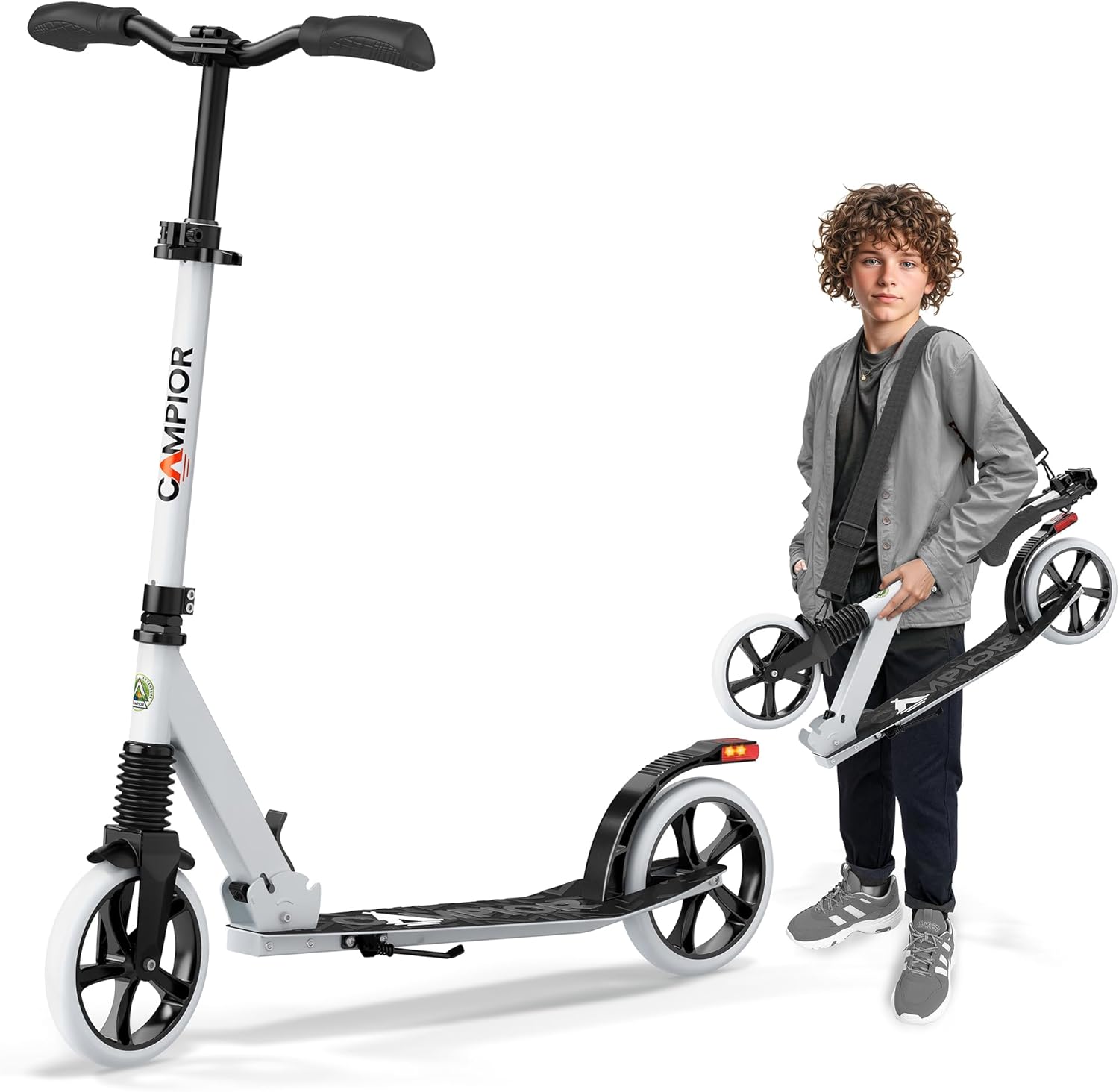 Kick Scooter for Ages 6+, for Kids, Teens, and Adults, Max Load 240 LBS, Foldable, 8-inch Big Wheels for Kids and Adults, with Kickstand, 3 Adjustable Levels, Child Safety Approved, White