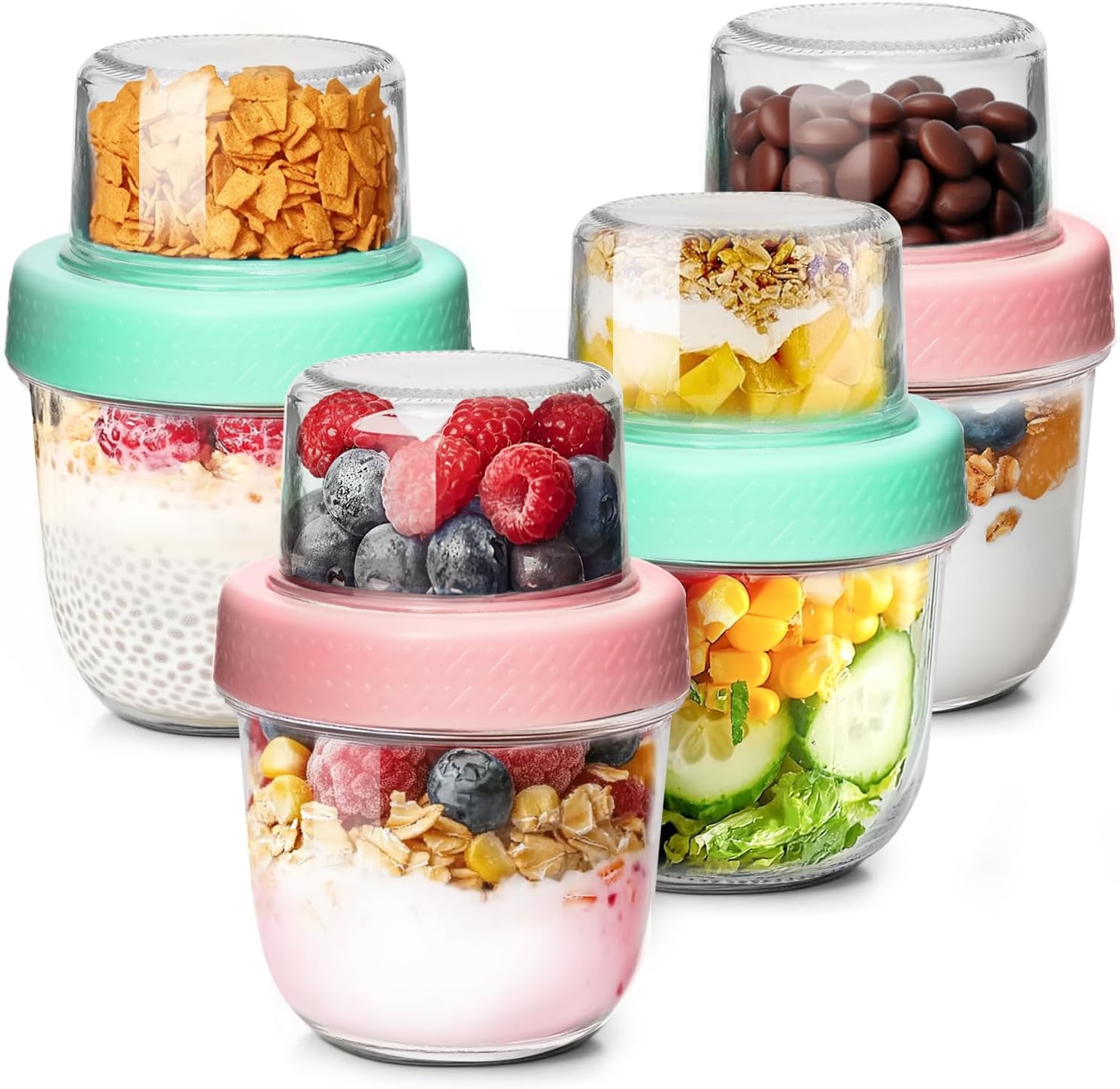ComSaf 240ml 4 Pcs Overnight Oats Jar with Lids, Glass Breakfast Pots for Cereal Nut Fruit, Dual-Layer Yoghurt Pot Reusable, Small Mason Jars for Salad, Meal Prep, Granola, Snack, Cereal