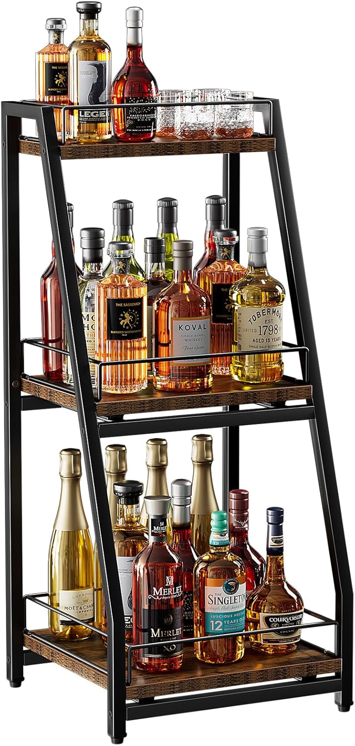 Nuovoware 3-Tier Stepped Liquor Cabinet Mini Bar, Wine Rack Freestanding Floor for Whiskey, Corner Liquor Bottle Display Shelf with Fences and Slide Drawer for Home Kitchen Dining Living Room, Black