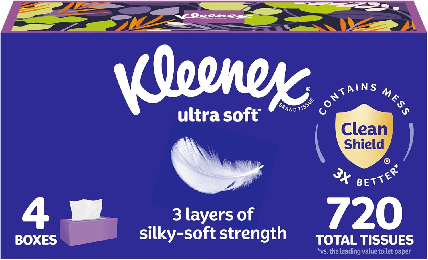 Kleenex Ultra Soft Facial Tissues, 4 Flat Boxes, 180 Tissues per Box, 3-Ply, Packaging May Vary