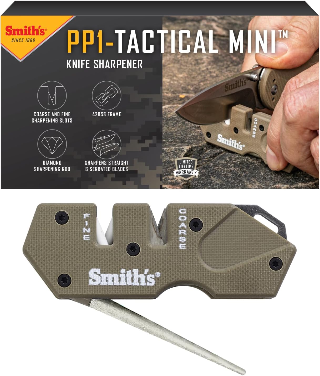 Smith's 50983 Pocket Pal Mini Tactical Knife Sharpener - Desert Tan - 2 Stage Sharpener & Diamond Sharpening Rod - Outdoor Hunting Knife & Hook Sharpener - Compact, Durable & Lightweight