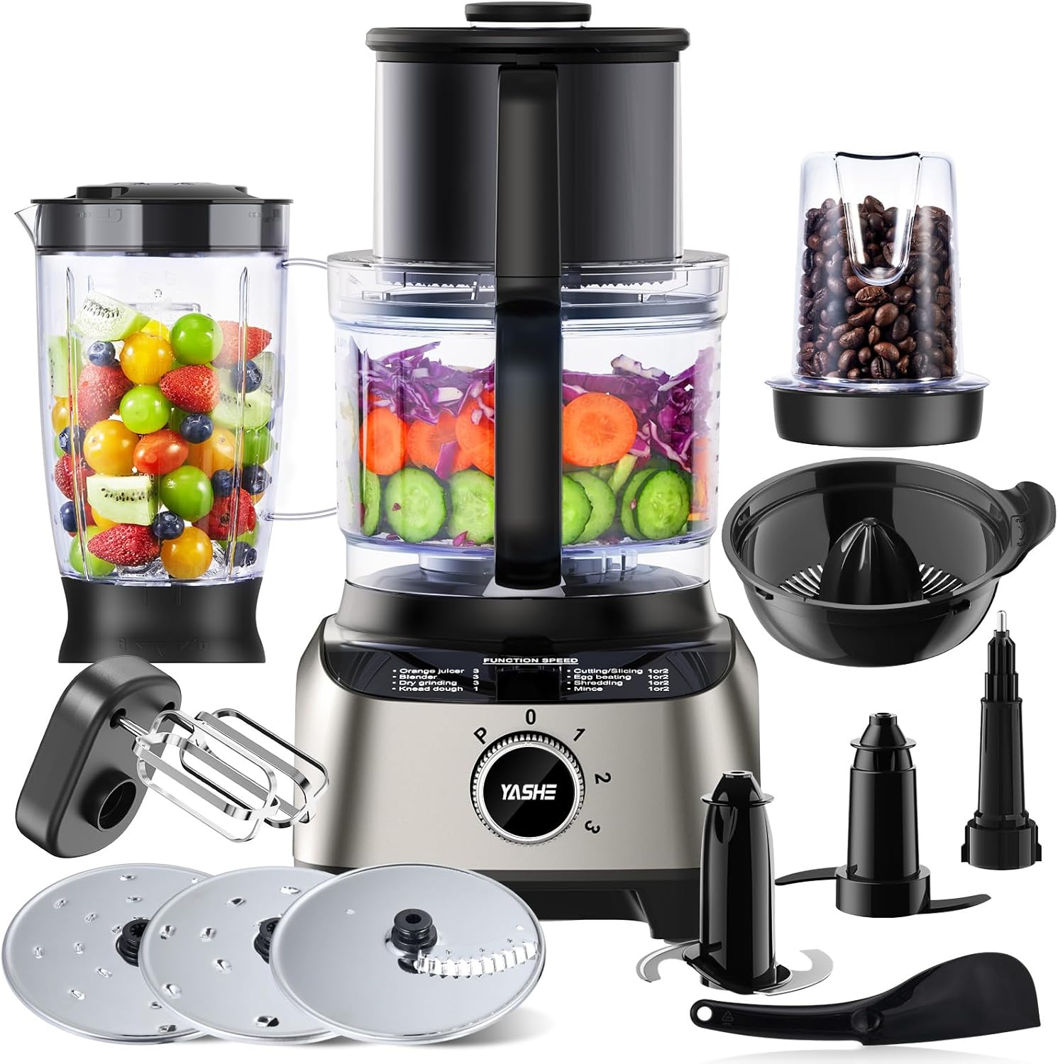 YASHE 1300W Food Processor, 11-in-1 Multifunctional Kitchen Machine with 2.5L Bowl & 1.5L Blender, Mixer, Grinder, Juicer, Dough Kneader, Chopper, Slicer & Shredder for Family Use
