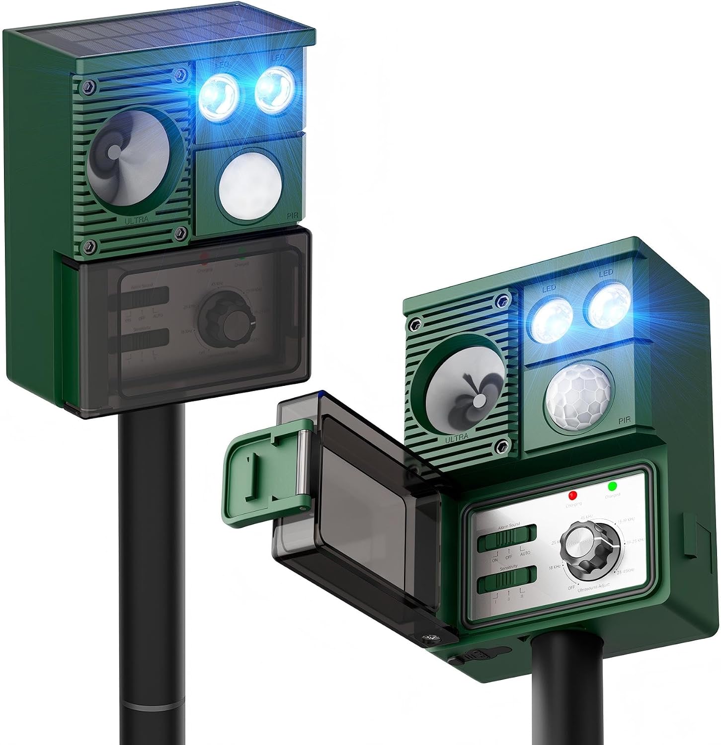 2-Pack Solar Animal Repeller Outdoor, Motion Activated Yard Guard Ultrasonic Deer Repellent Devices for Rabbits, Raccoons & Squirrels, Flashing Light & IP44 Waterproof Garden Animal Control
