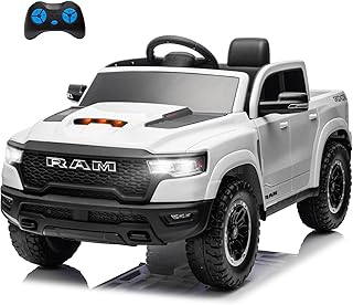 Licensed Ram 1500 RHO Ride on Truck, 12V Ride-on Electric Car for Kids with Remote Control, Battery Powered with Car Key/Gear Selector, LED Light/Music/MP3, Back Storage (White)