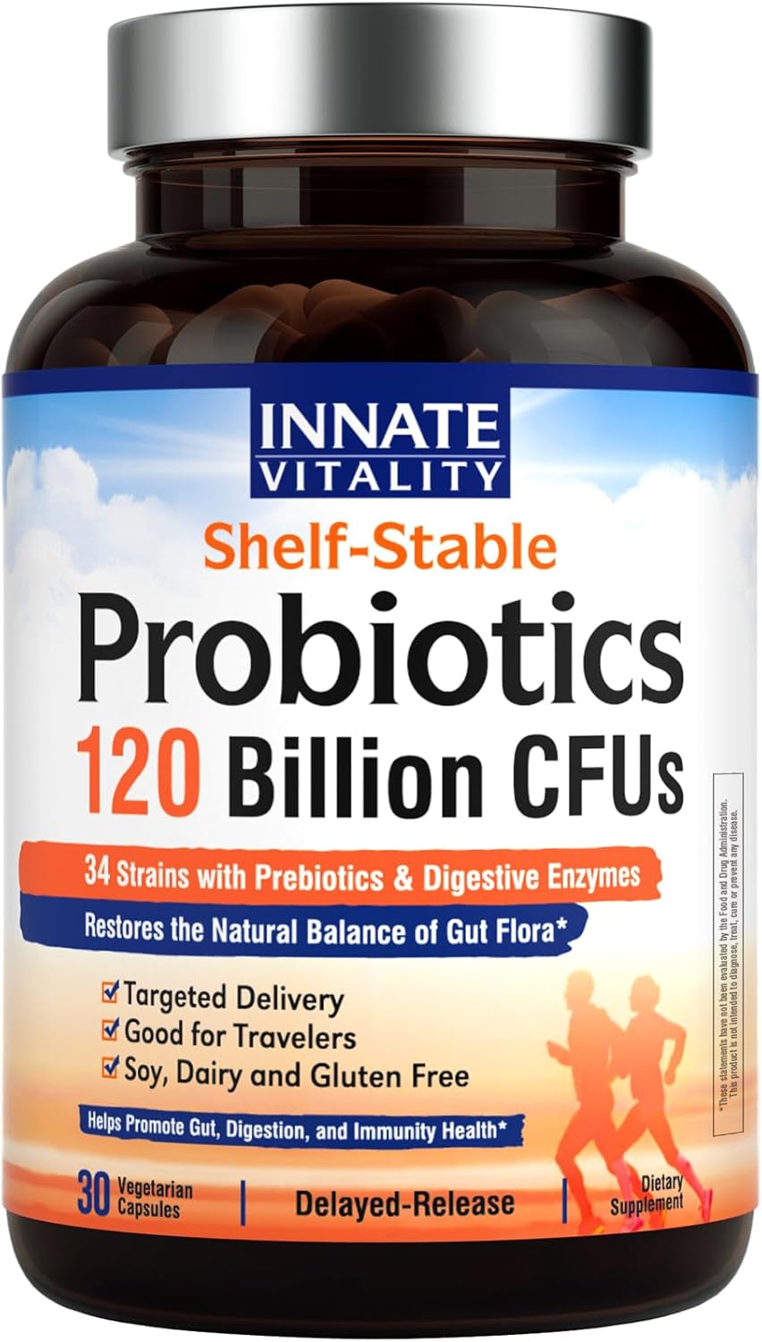 Innate Vitality Probiotics 120 Billion CFUs for Men & Women, 34 Strains with Prebiotics & Digestive Enzymes, Immune & Digestive Health, Delayed Release, Shelf Stable, 30 Vegan Capsules