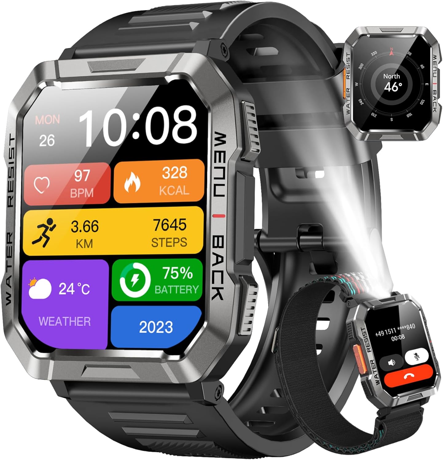 Blackview Military Smart Watch for Men - Answer/Make Calls, 2.01" Outdoor Sports Fitness Tracker with 900mAh Battery/Flashlight/Compass/Heart Rate/SpO2/Sleep, 120+ Sports Smartwatch for Android iOS