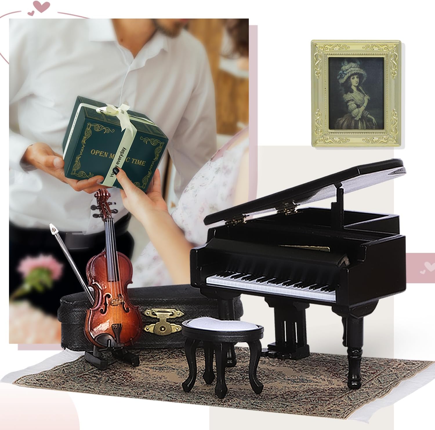 iLAND Piano Music Box & Miniature Violin w/Giftbox, 1/12 Scale Accessories of Dollhouse Piano Room with Timeless Melody The Castle in The Sky, Romantic Gift