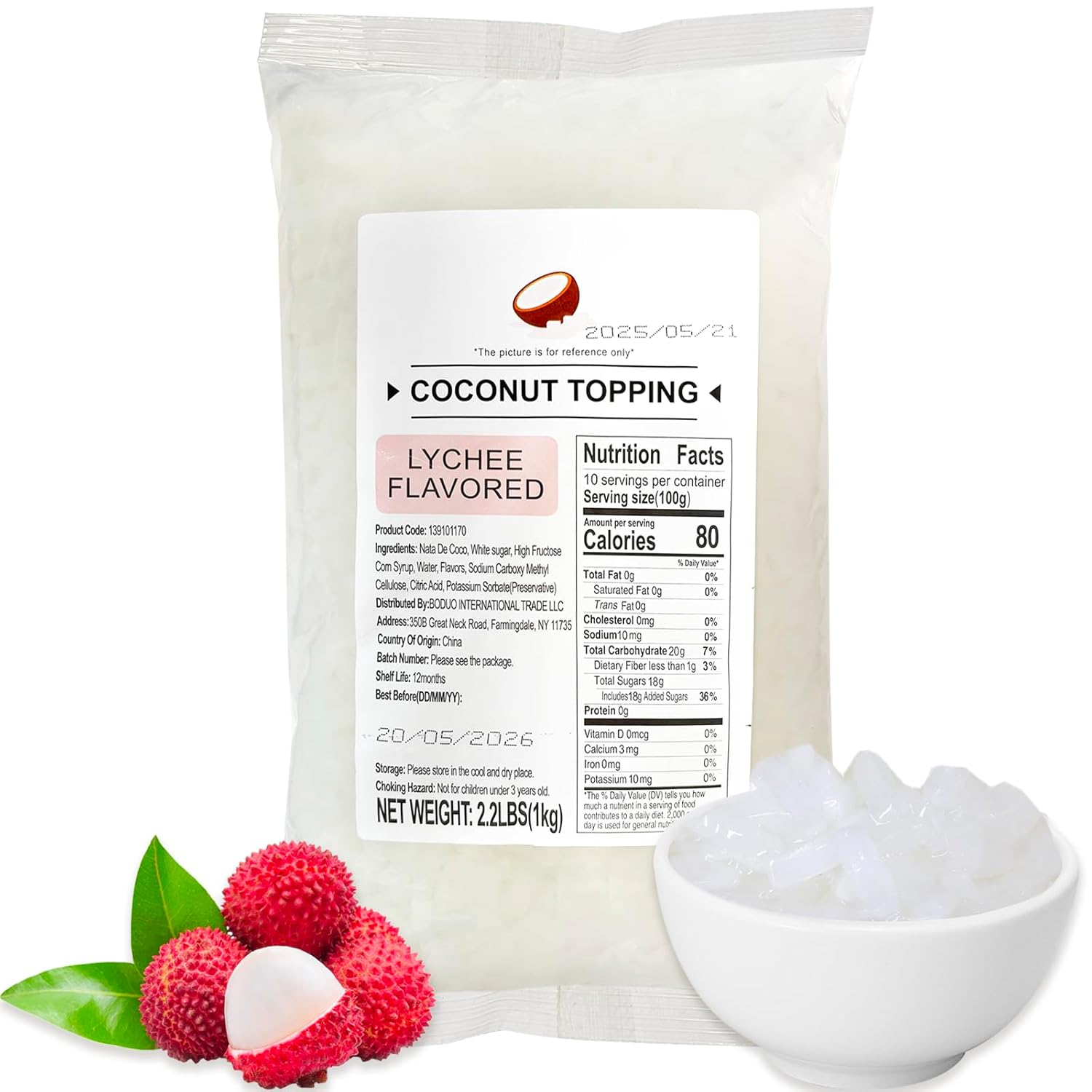 52USA Lychee Flavored Coconut Jelly 1kg (2.2 lbs) Topping for Desserts and Boba Tea, Premium Coconut Gel Strip for Smoothies and Drink