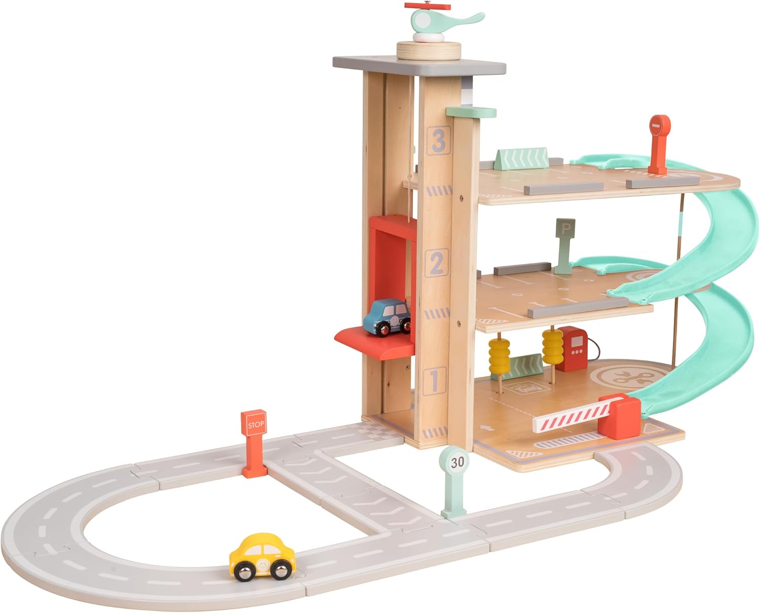 Owl & Fox Traditional Wooden Play Garage, Three Tier Garage with Ramps, Petrol Pump, Car Wash, Parking Barrier, Cars, Helicopter and Accessories, Interactive Imaginative Role Play