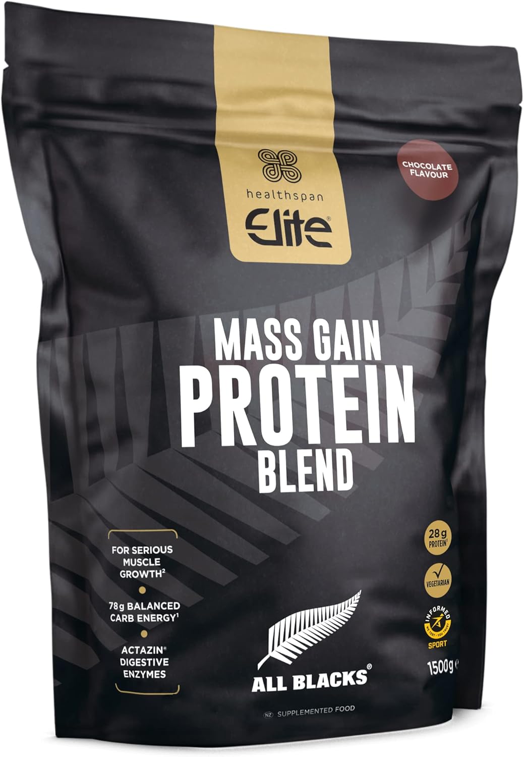 Healthspan Elite All Blacks Mass Gain Protein Blend (1500g) | Chocolate | 28g of Protein & 78g Carbohydrates per Serving | Amino Acid Complex | 5.6g BCAAs per Serving | with Actazin | Vegetarian
