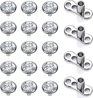 ZS 14/15PCS Cubic Zirconia Dermal Anchor Tops 2mm 3mm 4mm, 14G Surgical Steel Internally Threaded Dermal Anchor Base Microdermals Piercing for Women Men