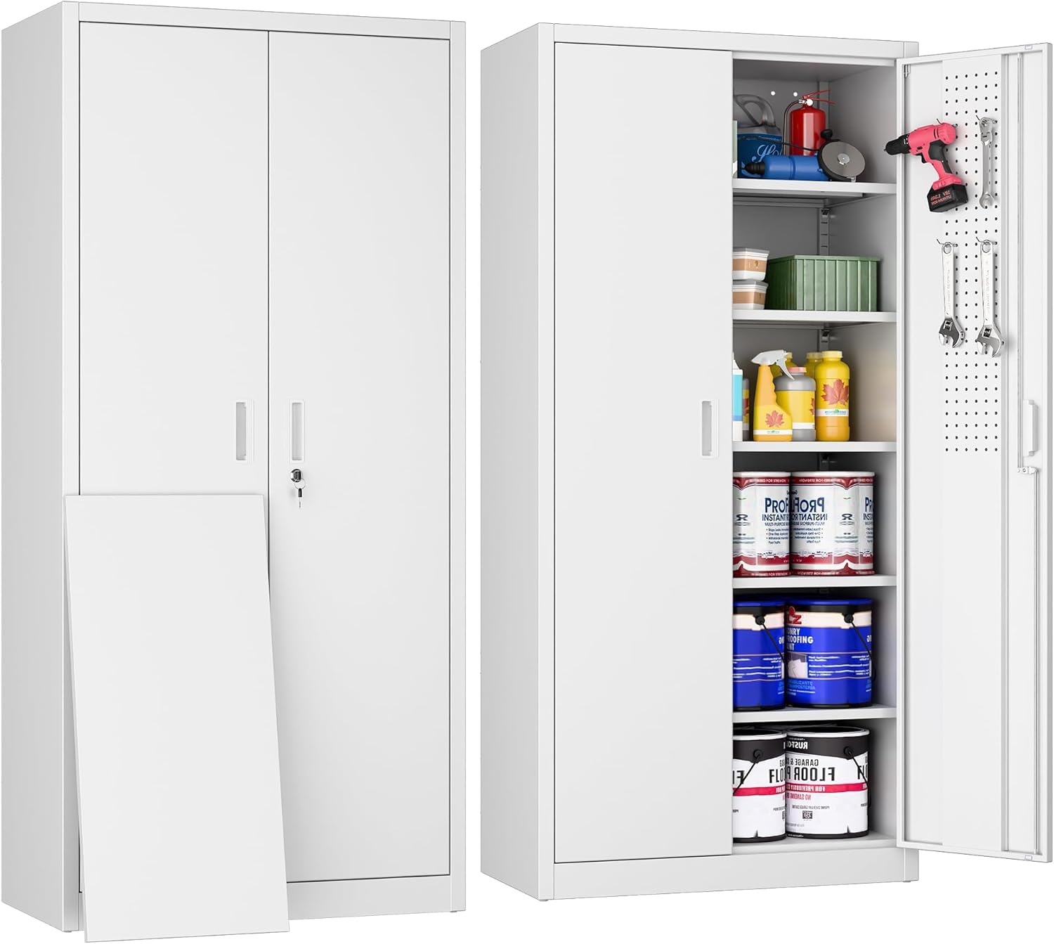 71" H Metal Garage Storage Cabinet with Pegboard, Tool Storage Cabinets with Lockable Doors and 5 Adjustable Shelves for Garage, Warehouse, Gym, Laundry&Utility Room, Assembly Require, White